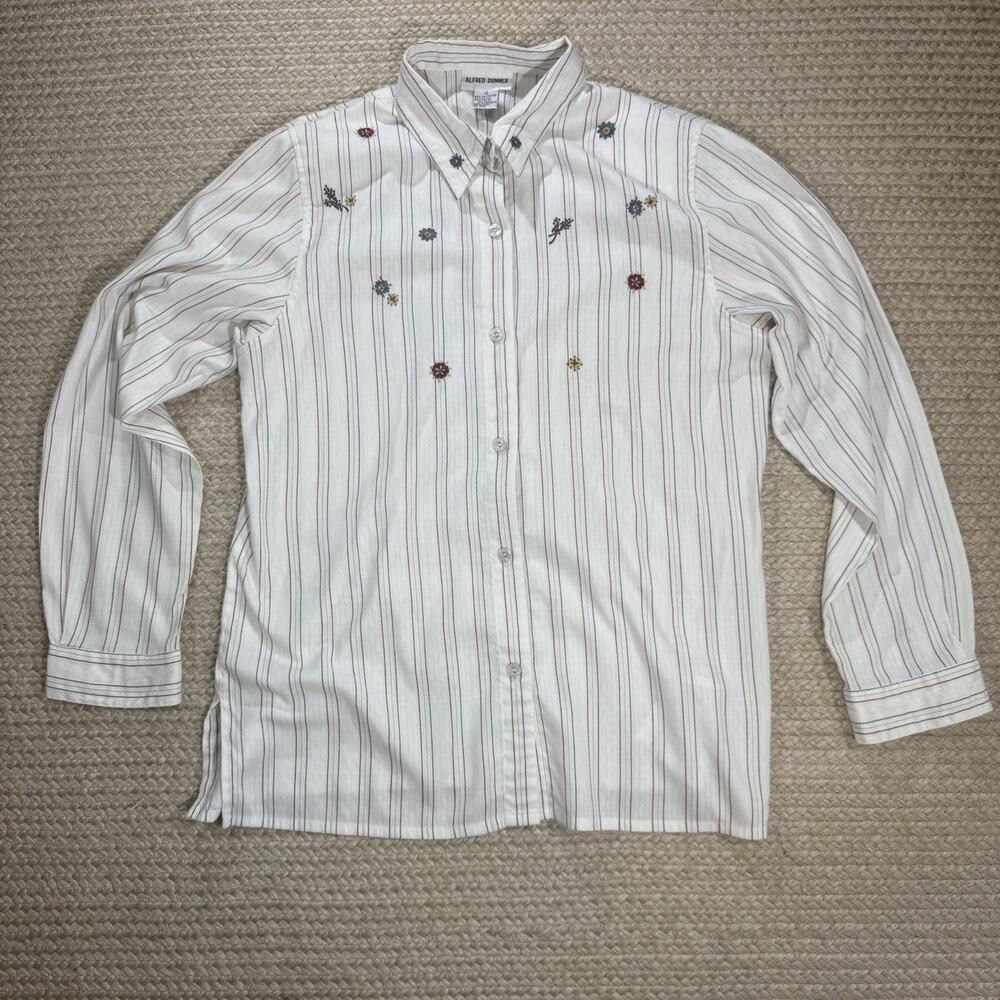 Alfred Dunner Vintage White Button Down Blouse Stripe Floral Embroidered Size 12